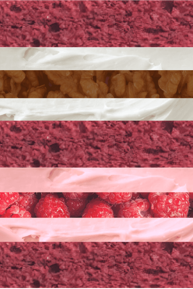 Буряковий бісквіт, Кокосовий мус з малиною, праліне волоського горіха, кремчіз